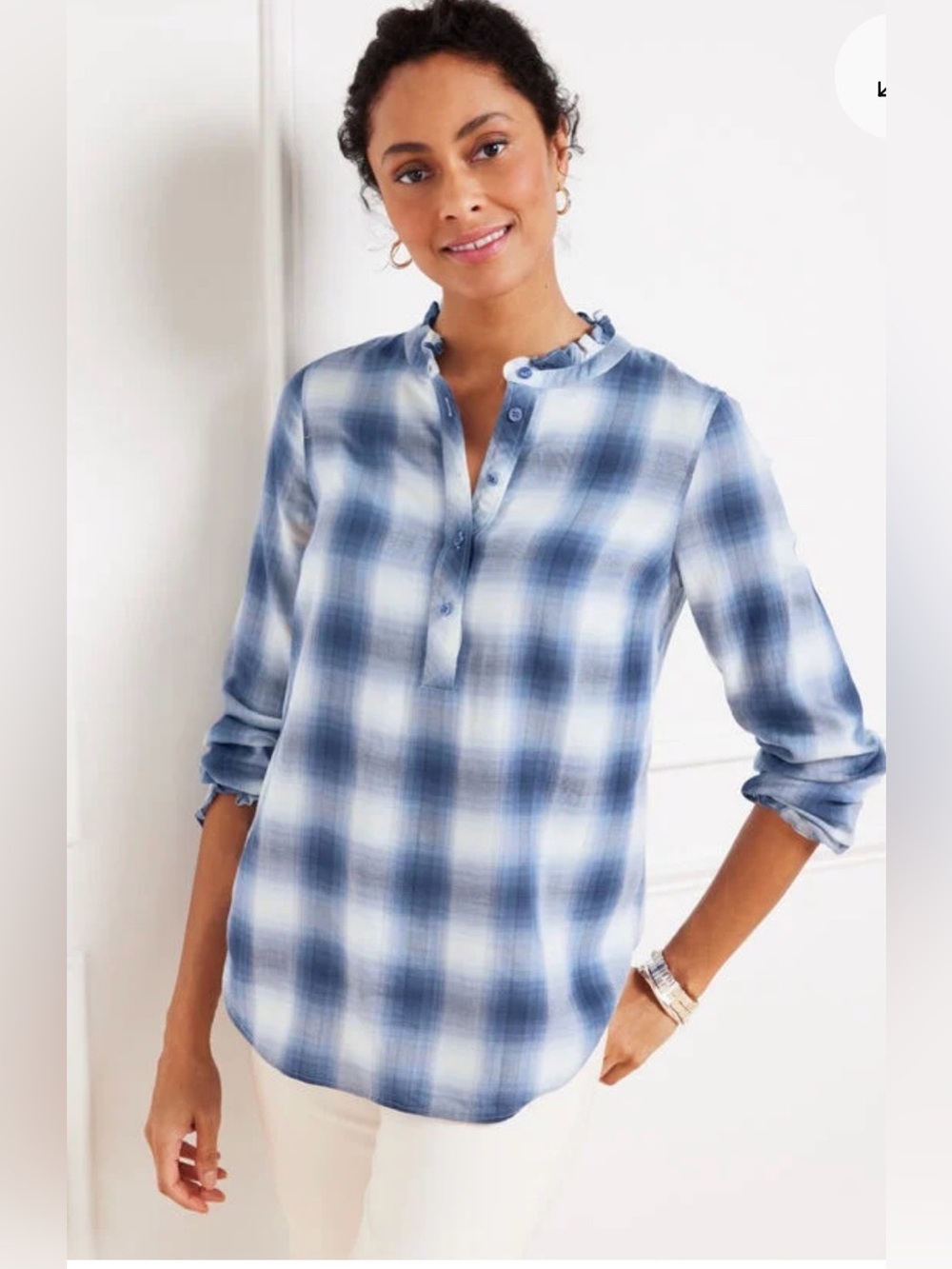 Women’s Plus TALBOTS Blue /White Plaid Ruffle Trim  Popover Sunrise TopSize 2X
